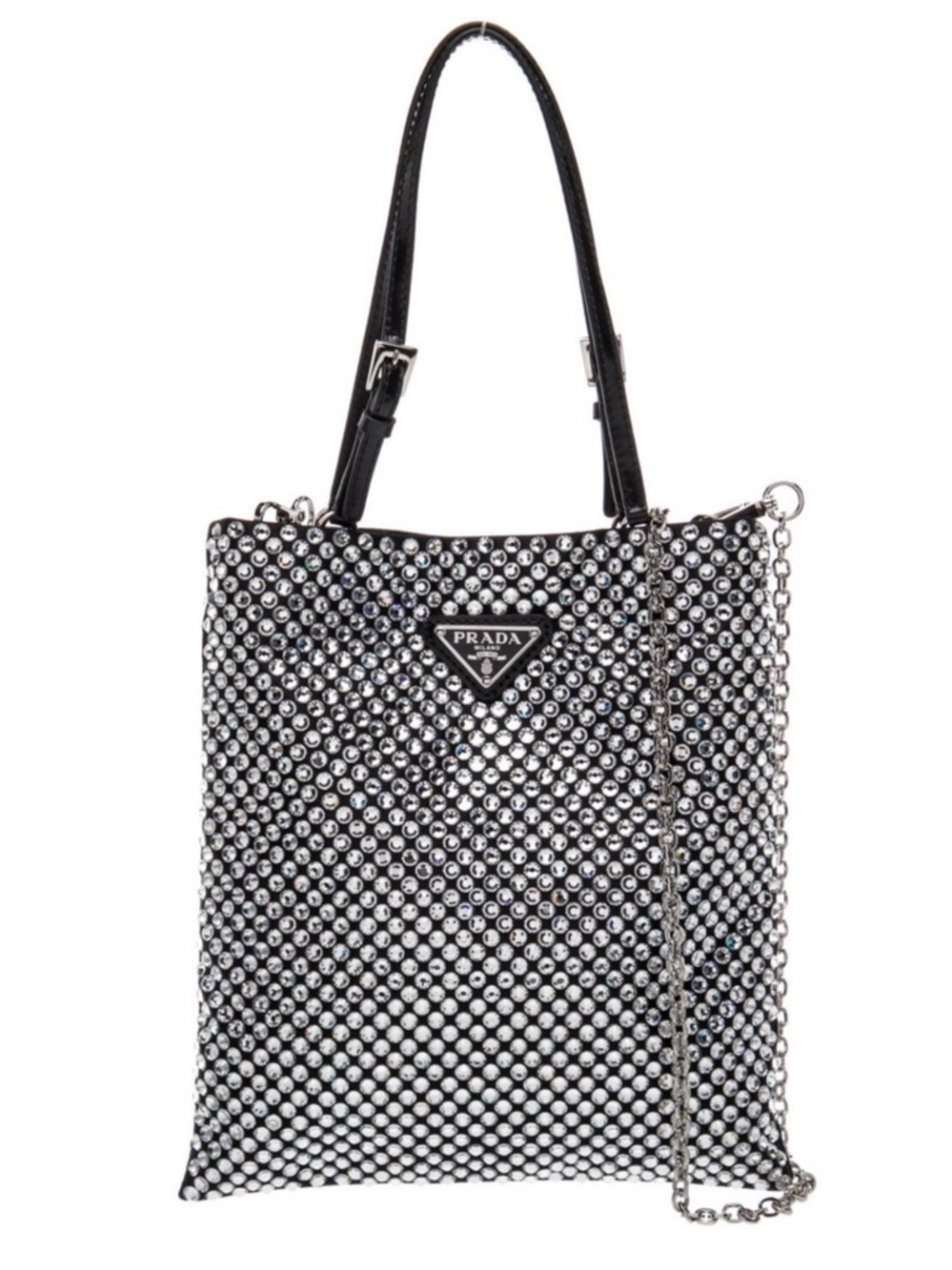 Prada Crystal Rhinestone Top Handle Mini Bag Black Satin Triangle Logo - Picture 5 of 6